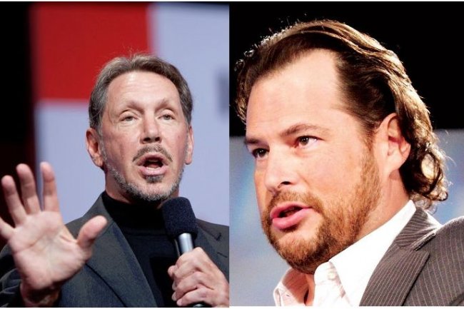 Larry Ellison, CEO d'Oracle (à gauche), et Marc Benioff, CEO de Salesforce.com, ont arrêté leurs joutes verbales pour signer un accord technologique de 9 ans. (crédit : D.R.) 