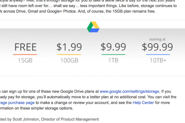 Google facture désormais 9,99$ par mois les 1 To de stockage en ligne.