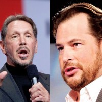 Larry Ellison, CEO d'Oracle ( gauche), et Marc Benioff, CEO de Salesforce.com, ont arrt leurs joutes verbales pour signer un accord technologique de 9 ans. (crdit : D.R.) 