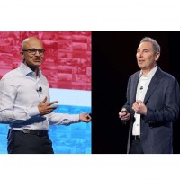 Satya Nadella (à gauche) et Andy Jassy, respectivement CEO de Microsoft et d'Amazon. Crédit photo : Microsoft et Amazon