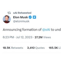 Elon Musk a annonc sur Twitter le lancement d'une nouvelle entreprise ddie  l'IA gnrative et baptise xAI. (Crdit : Twitter)