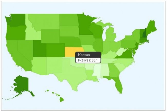 Google Fusion Tables (ci-dessus, une carte des Etats-Unis montrant le pourcentage de foyers ayant un accs Internet en 2007, par tats, d'aprs le bureau amricain du recensement)