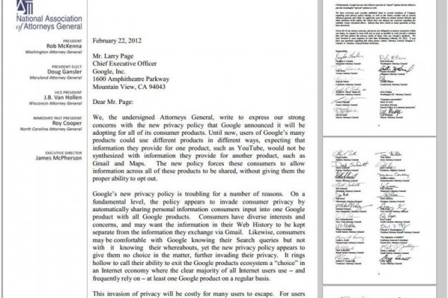 La lettre adressée à Larry Page, PDG de Google, par les procureurs généraux de 36 Etats américains (crédit : D.R.)