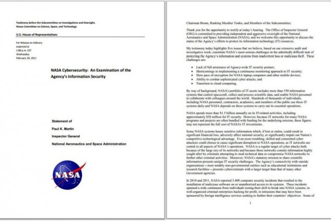 Le rapport de l'inspecteur général de la NASA daté du 29 février 2012 (crédit illustration : NASA)