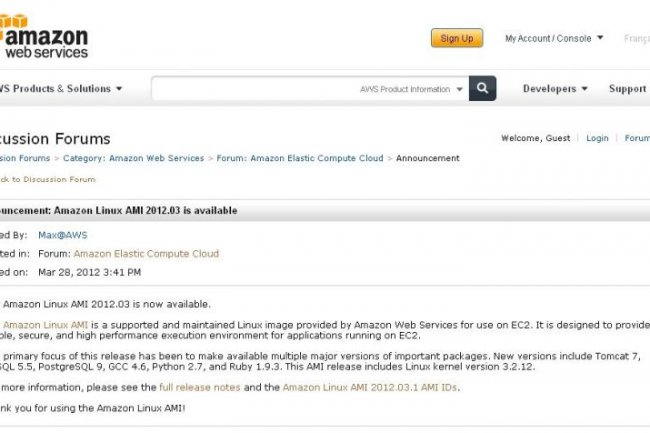 L'image de machine virtuelle Linux AMI 2012.03 est disponible, vient d'avertir Amazon Web Services.