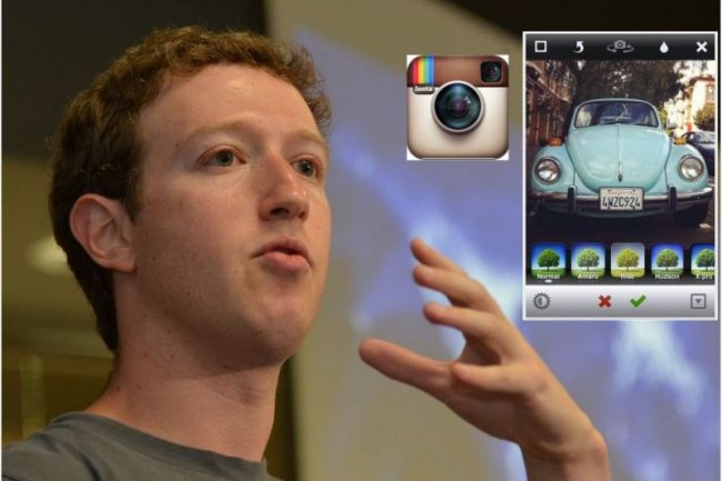 Mark Zuckerberg, fondateur et PDG de Facebook (crédit : IDGNS). En haut, à droite, l'application de partage de photos Instagram sur iPhone.