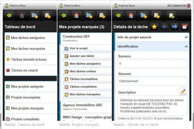 La version mobile d'AceProject renseigne sur les tches et les projets, ainsi que le suivi du temps / Cliquer sur l'image pour l'agrandir (crdit : D.R.)