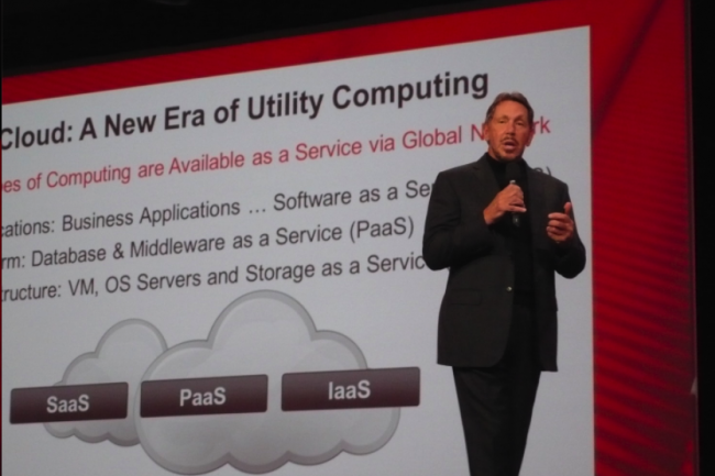 Larry Ellison, PDG d'Oracle, présente son offre de cloud IaaS, dimanche 30 septembre sur OpenWorld 2012 à San Francisco (crédit : M.G.)
