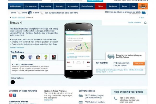 Nexus 4 : le site web du revendeur britannique Carphone Warehouse a vendu la mche avant l'heure 