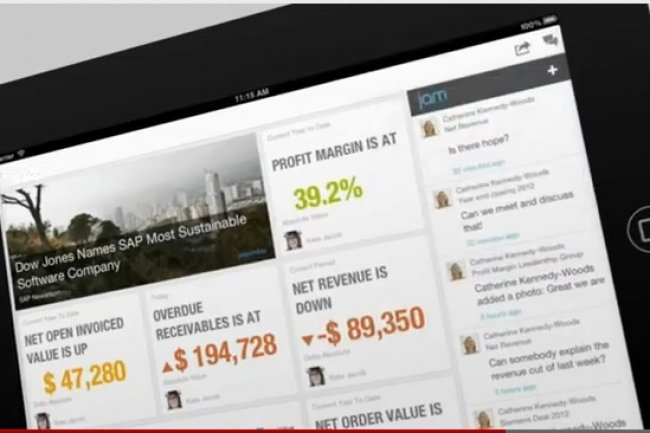 Avec SAP Financials OnDemand (ci-dessus), le directeur financier consulte des rapports multidimensionnels sur son iPad en contact avec dautres quipes via le rseau social dentreprise Jam.