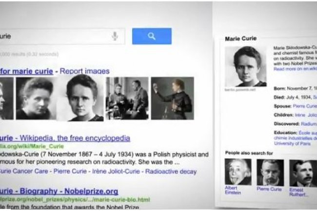 Sur le moteur de recherche de Google, le rsultat propos par Knowledge Graph sur Marie Curie. (cliquer sur l'image pour l'agrandir)
