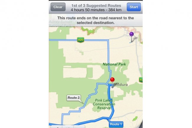 L'application Apple Maps situe la ville de Mildura près du parc national de Murray Sunset, alors qu'elle trouve en fait à environ 70 km au nord est. (crédit illustration : Victoria Police, Australie)