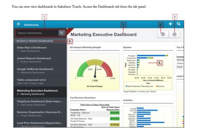 Avec la mise  jour Spring'13 du logiciel Salesforce, il sera possible de visualiser des tableaux de bord dans Salesforce Touch. (cliquer sur l'image pour l'agrandir)