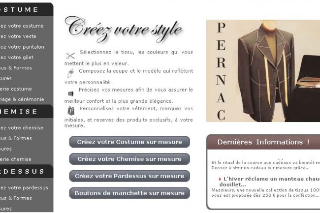 Les ventes de costumes sur-mesure sur Internet se font lorsque le client a dj fait une premire commande en boutique (illustration : site Pernac.com).