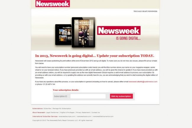 Newsweek invite ses lecteurs  souscrire  son dition numrique pour tablettes et smartphones.