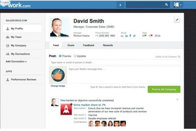 Salesforce.com investit dans les outils de rseaux sociaux, le marketing et les fonctions de gestion des RH (ci-dessus, son offre Work.com pour grer la performance des commerciaux).