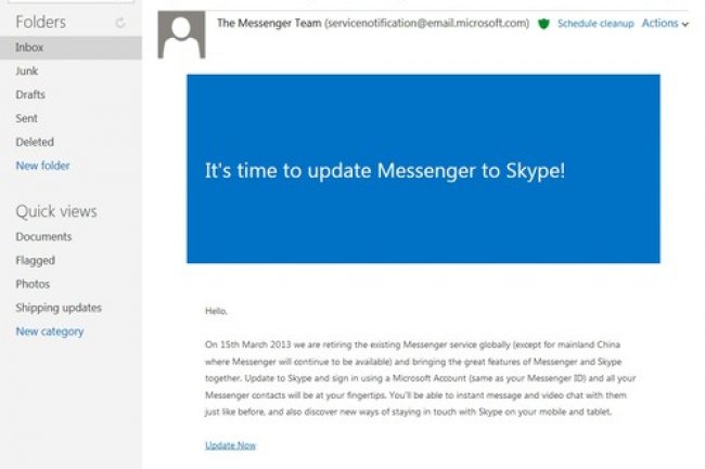 Microsoft teindra Messenger le 15 mars 2013 au profit de Skype