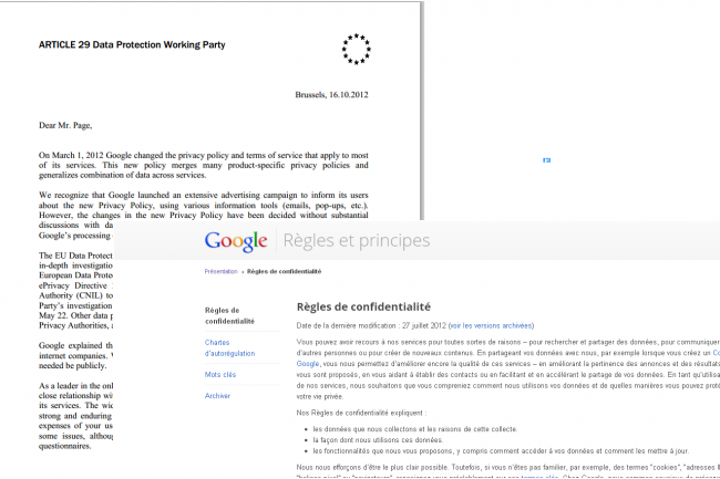 Les autorits de protection des donnes europennes ont envoy le 16 octobre 2012  Larry Page, PDG de Google, des recommandations sur la nouvelle politique de confidentialit mise en place par son groupe.