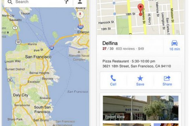 Dans sa version 1.1 pour iOS, Google Maps propose de rechercher des lieux ou des personnes. (cliquer sur l'image pour l'agrandir)
