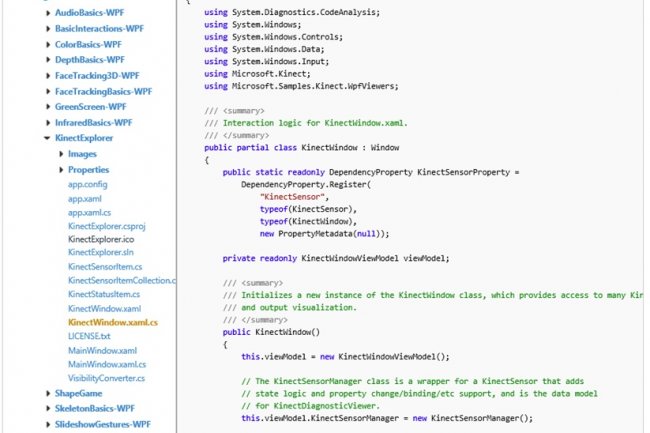 Un exemple de code K4W consultable à partir d'un navigateur web, mis à disposition par Microsoft pour la Kinect. (cliquer pour agrandir l'image)