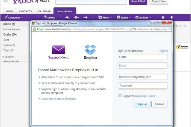Dropbox associ au service mail de Yahoo