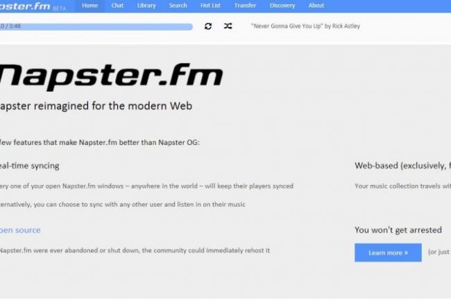 Capture d'cran du site de streaming musical Napster.fm
