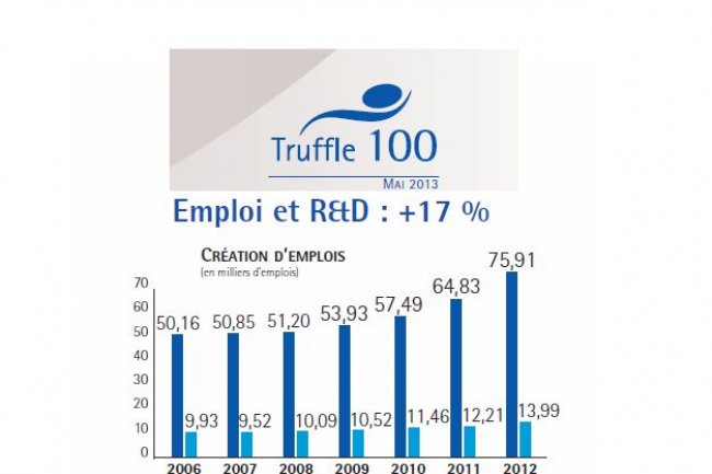 Le nombre d'emplois des 100 premiers diteurs franais a augment de 17% en 2012,  75 910 personnes. L'effectif R&D y pse 18% contre 19% en 2011.
