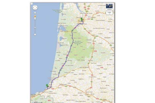 Google Maps propose une balade à vélo entre Biarritz et Bordeaux. (crédit : D.R.)