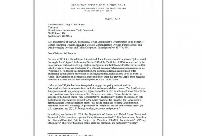 La décision publiée le 3 août par l'administration Obama mettant son veto à la décision de la FTC du 4 juin dernier. 