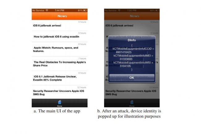 Captures d'cran montrant l'interface de l'app Jekyll. (source : Georgia Institute of Technology / Usenix)