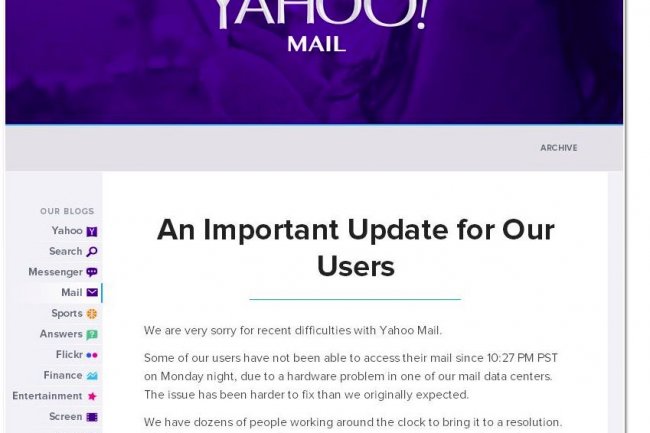 Des dizaines de personnes sont  pied d'oeuvre, assure Yahoo, pour rsoudre les problmes qui affectent depuis lundi soir son service de messagerie.