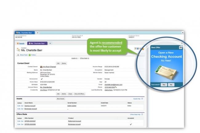 Rachete par SAP, l'offre de Kxen restera multiplateforme. Ci-dessus, le module Predictive Offer s'intgre avec l'application CRM en SaaS de Salesforce.com.