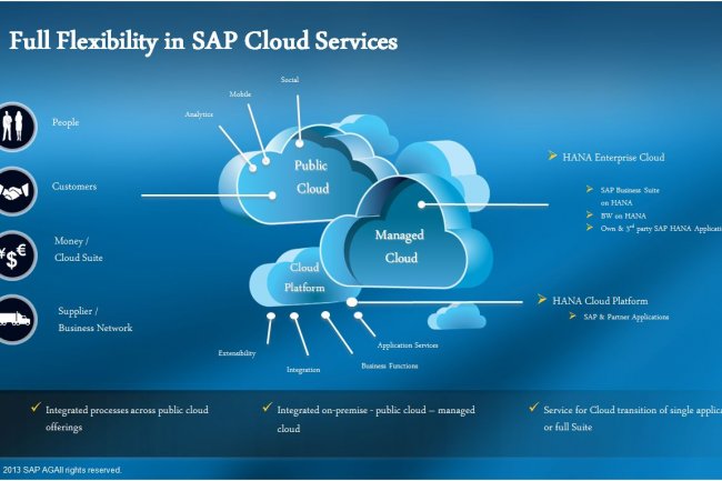 SAP décline son offre en cloud public, services managés et PaaS. (cliquer sur l'image pour l'agrandir)