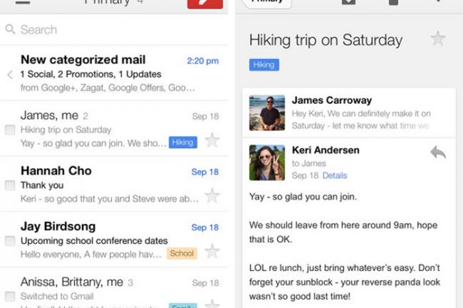 Le service de messagerie Gmail pour iOS7 permet de consulter plus rapidement ses e-mails. Crdit: D.R 