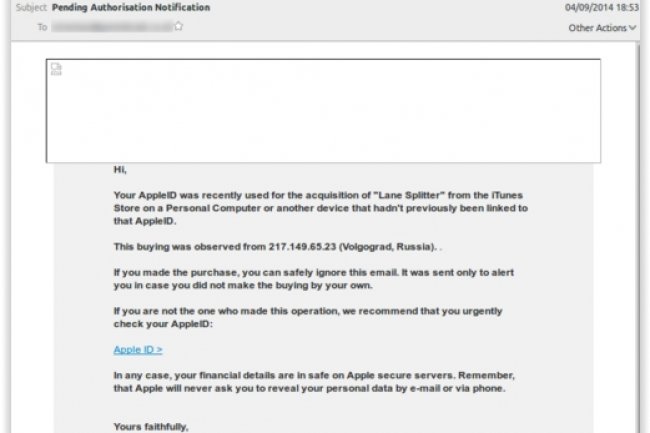 En envoyant leur mail de phishing, les pirates jouent sur la peur des utilisateurs au sujet d’un manque de sécurité des services cloud Apple. (crédit : D.R.)