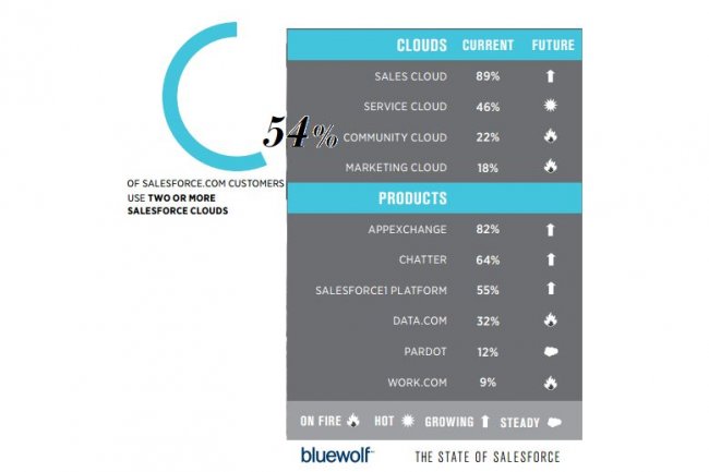 L'adoption des clouds Salesforce augmente en particulier sur Community Cloud et Marketing Cloud. (crdit : Bluewolf) 
