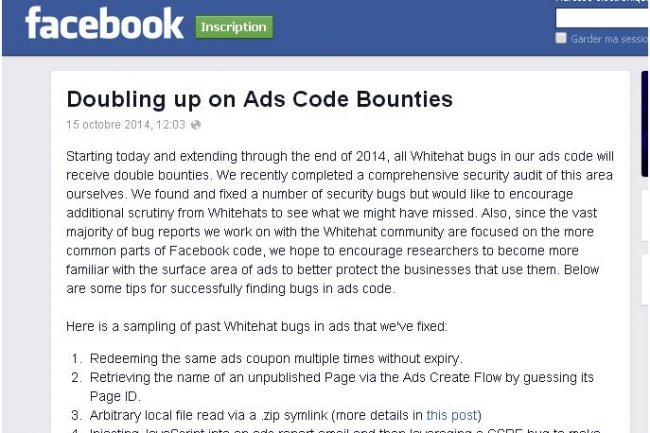Aprs un audit du code de son systme publicitaire, Facebook veut approfondir son dbuggage avec les whitehats. (cliquer sur l'image)
