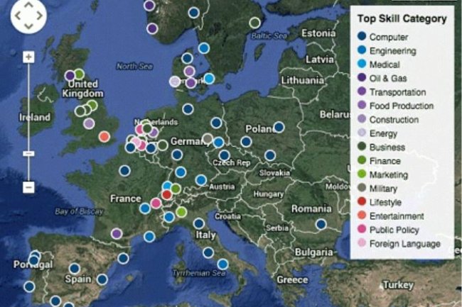 L’app de Linkedin propose de cartographier les compétences par grandes villes, en Europe et aux Etats-Unis. Crédit D.R
