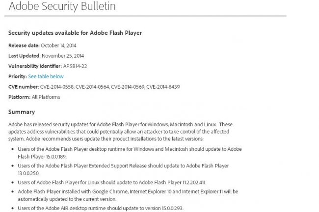 Adobe a livr le 25 novembre 2014 une mise  jour urgente de scurit pour Flash Player pour Windows, Mac OS et Linux. (crdit : D.R.)