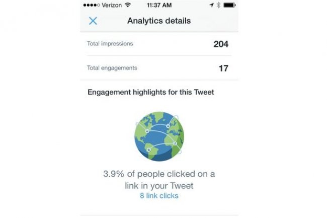 Dsormais disponible sur l'app iOS de Twitter, l'analyse de tweets permet par exemple de voir combien de personnes ont cliqu sur le lien propos. (crdit : IDG)