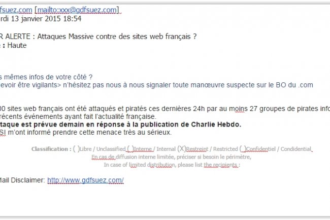 Un mail de GDF Suez alerte sur les risques de piratage. La rdaction de LMI a volontairement supprim les informations sensibles comme le nom de l'expditeur et les destinataires. (crdit : D.R.)