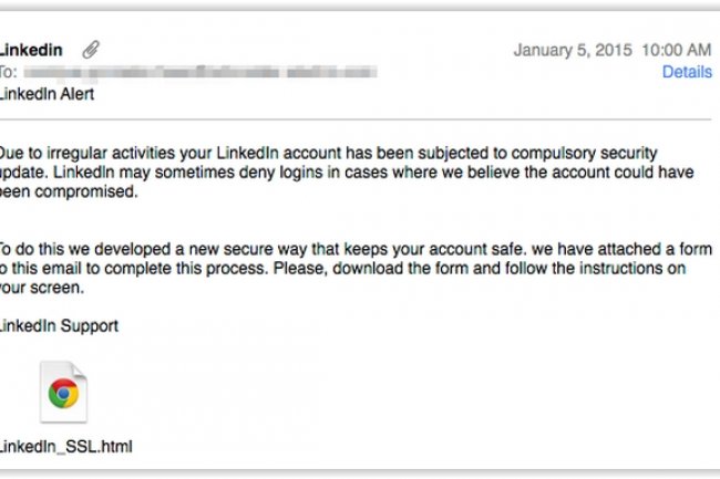 Le mail de phishing envoyé aux utilisateurs contient une pièce jointe pointant vers un faux site LinkedIn. (crédit : D.R.)
