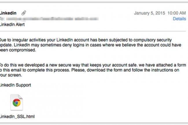 Le mail de phishing envoy aux utilisateurs contient une pice jointe pointant vers un faux site LinkedIn. (crdit : D.R.)