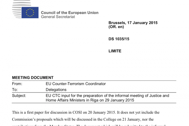  L'association de protection des droits civils Statewatch a divulgué un document rédigé par le coordinateur antiterroriste Gilles de Kerchove. 
