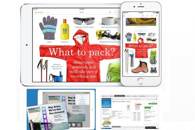 Pages d'Apple (en haut) peut tre utilis comme outil de PAO sur l'iPad et l'iPhone. En bas, Publisher Master pour iOS et QuippeFlyer pour Android. (crdit : D.R.)