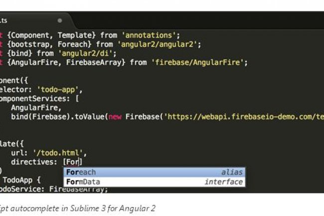 Sur son blog msdn, Microsoft montre un exemple de suggestions TypeScript dans l'éditeur de code Sublime 3 pour Angular 2. (cliquer sur l'image)