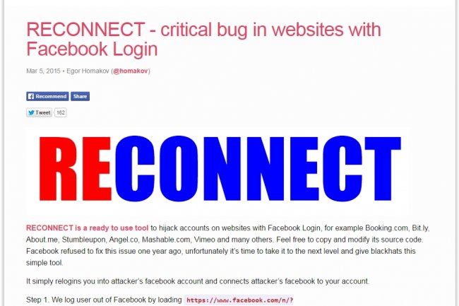 En publiant Reconnect, le chercheur en scurit Egor Homakov espre faire ragir Facebook pour corriger la faille Facebook Login. (crdit : D.R.)