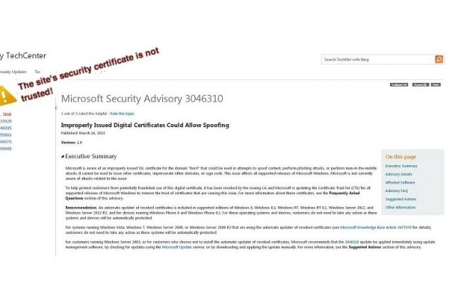 Dans son bulletin de scurit 3046310 publi hier, Microsoft avertit qu'un certificat numrique non autoris circule. (cliquer sur l'image / crdit : D.R.)