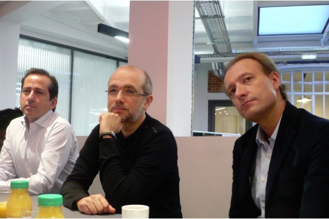 Ce matin à Paris, Frédéric Laluyaux, CEO d'Anaplan (à gauche), et Jean-Claude Levy qui co-pilotera l'équipe de développeurs en France. Cliquer sur l'image, à droite, Laurent Lefouet, DG EMEA. (crédit : LMI)