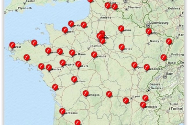 La carte des 46 implantations des boutiques de free en France. Crdit photo : D.R.